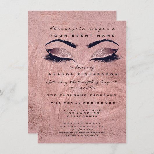 Roze roos rode bonen make-up oog glitter 16e bruid kaart (Voorkant / Achterkant)