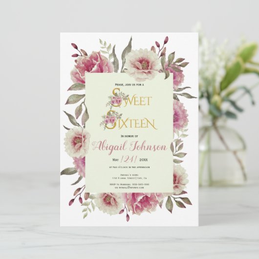 Roze roos roze bloemen, zestien jaar oud kaart (Staand voorkant)