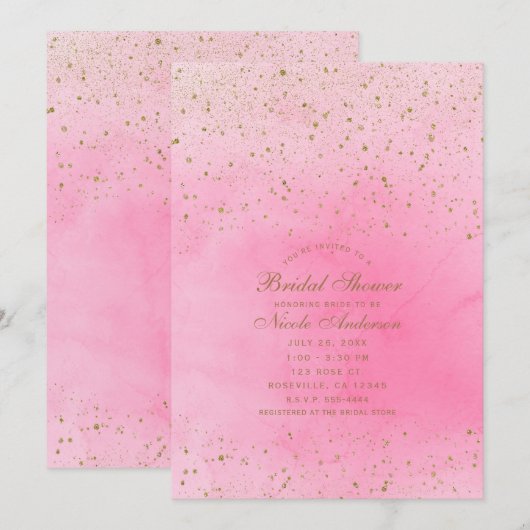 Roze Roos Roze & Goud Glitter Bruidsfeest Kaart (Voorkant / Achterkant)