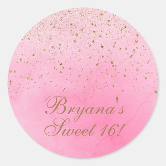 Roze Roos Roze & Gouden Glitter Bruidsfeest Ronde Sticker (Voorkant)