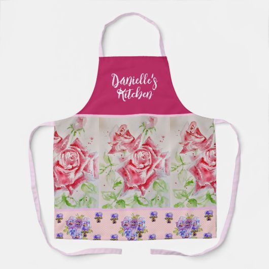 Roze  Roos Rozen Waterverf Aanpasbaar Schort (Voorkant)
