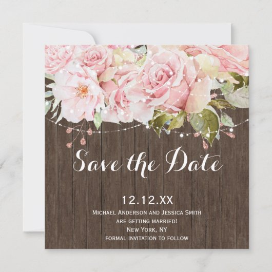 Roze Roos Rustieke Houten Slingerlichten Save the  Date (Voorkant)