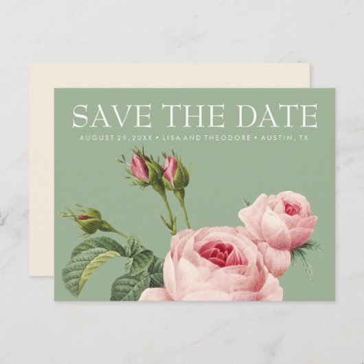 Roze  roos SAGE BRUILOFT bewaar de datum Aankondigingskaart (Voorkant / Achterkant)