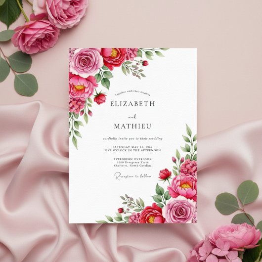 Roze Roos Schilderachtige Bloeiende Bruiloft Kaart