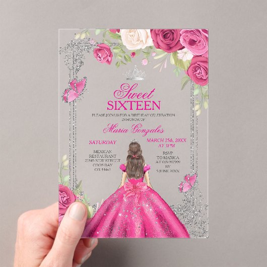 Roze Roos Sweet 16 Prinses Uitnodiging (Insitu (Draagbaar))