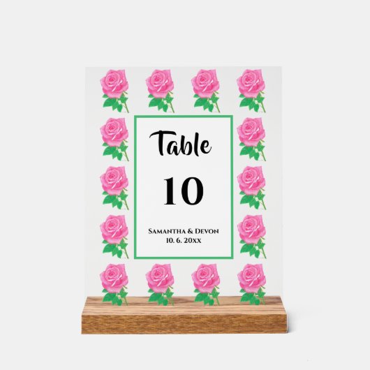 Roze Roos Tafelnummer Acryl Teken Acryl Bord (Voorkant)