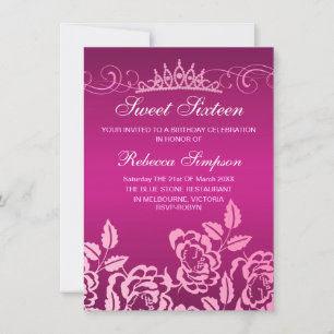 Roze Roos & Tiara Verjaardagsuitnodiging Kaart