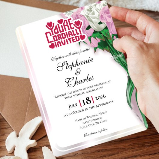 Roze Roos Trouw Uitnodiging - Rode Lettertype 4