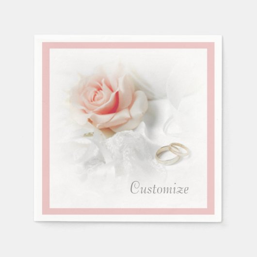 Roze roos & trouwringen Roze rand servetten (Voorkant)