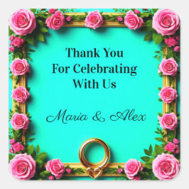 💍 Roze Roos Turquoise Gouden Hart Trouw Thema 🌸 Vierkante Sticker