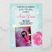 Roze Roos, Turquoise, Zilveren Charms Verjaardagsf Folie Uitnodiging (Voorkant)