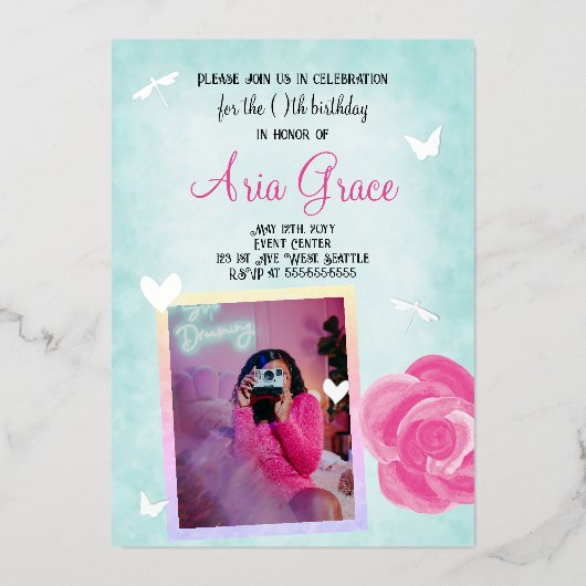 Roze Roos, Turquoise, Zilveren Charms Verjaardagsf Folie Uitnodiging (Voorkant)