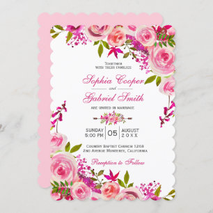 Roze Roos van Fuchsia Botanical Floral Wedding Kaart