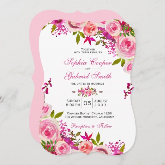 Roze Roos van Fuchsia Botanical Floral Wedding Kaart (Voorkant / Achterkant)