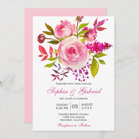 Roze Roos van Fuchsia Botanical Floral Wedding Kaart (Voorkant / Achterkant)