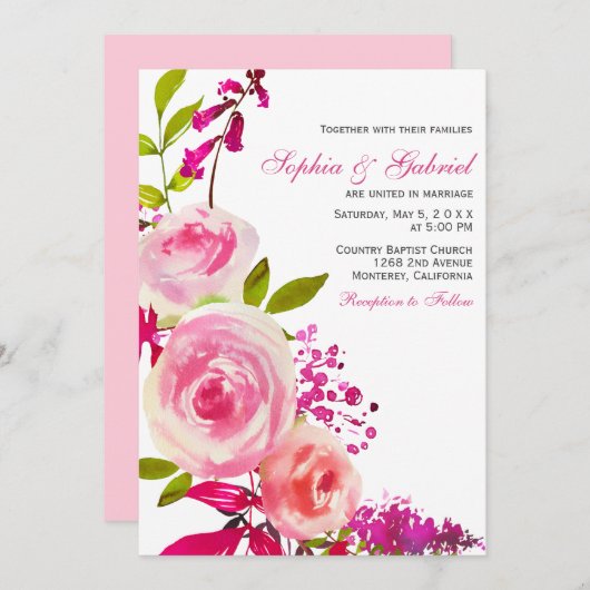 Roze Roos van Fuchsia Botanical Floral Wedding Kaart (Voorkant / Achterkant)