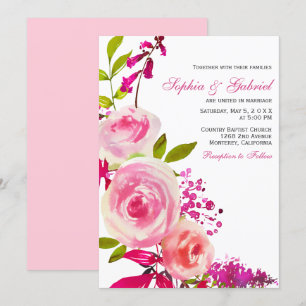 Roze Roos van Fuchsia Botanical Floral Wedding Kaart
