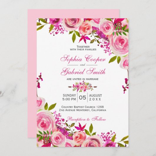 Roze Roos van Fuchsia Botanical Floral Wedding Kaart (Voorkant / Achterkant)