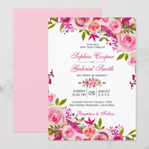 Roze Roos van Fuchsia Botanical Floral Wedding Kaart