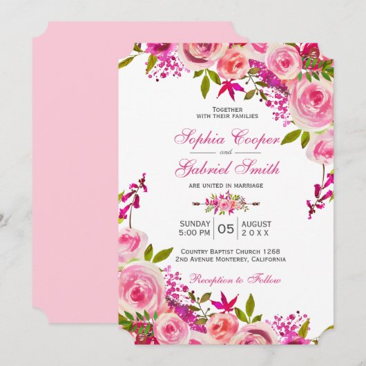 Roze Roos van Fuchsia Botanical Floral Wedding Kaart (Voorkant / Achterkant)