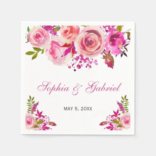 Roze Roos van Fuchsia Botanical Floral Wedding Servet (Voorkant)