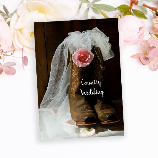 Roze Roos van het Land en Cowboy Boots Western Wed Kaart