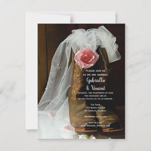 Roze Roos van het Land en Cowboy Boots Western Wed Magnetische Uitnodiging (Voorkant)