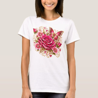 Roze Roos Vlinder Glam Bloem T-Shirt