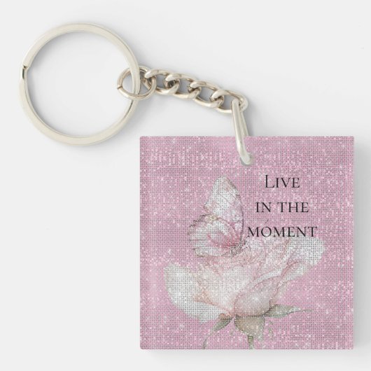 Roze Roos Vlinder Glans Sleutelhanger (Voorkant)