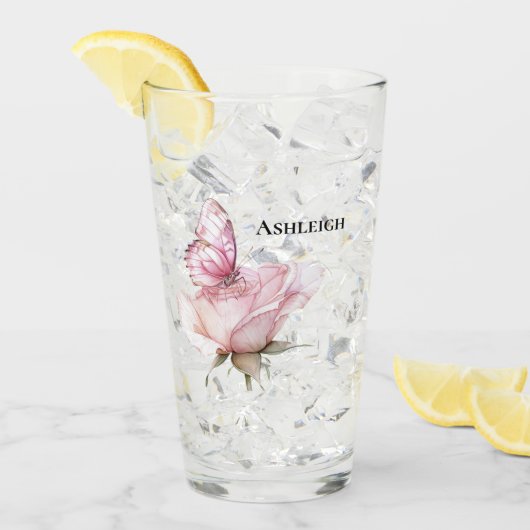 Roze Roos Vlinder Glas (Voorkant ijs)