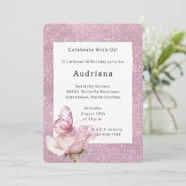 Roze Roos Vlinder Glitter Verjaardag Kaart