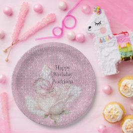 Roze Roos Vlinder Glitter Verjaardag Papieren Bordje