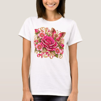 Roze Roos Vlinder Glitterende Bloem T-Shirt