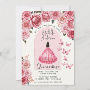Roze Roos Vlinder Prinses Quinceanera Kaart