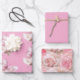 Roze Roos Vlinder Verjaardag Inpakpapier Vel