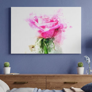 Roze Roos Watercolor Kunst op Witte Achtergrond Canvas Afdruk