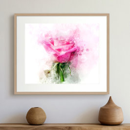 Roze Roos Watercolor Kunst op Witte Achtergrond Foto Afdruk