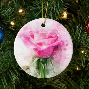 Roze Roos Watercolor Kunst op Witte Achtergrond Keramisch Ornament