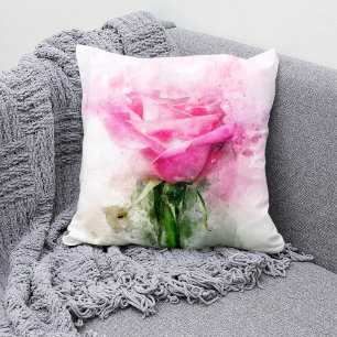 Roze Roos Watercolor Kunst op Witte Achtergrond Kussen