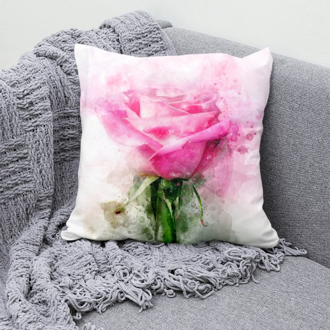 Roze Roos Watercolor Kunst op Witte Achtergrond Kussen (Pink Rose Watercolor Art on White Background. Throw Pillow)