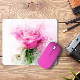 Roze Roos Watercolor Kunst op Witte Achtergrond Muismat