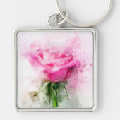 Roze Roos Watercolor Kunst op Witte Achtergrond Sleutelhanger (Voorkant)