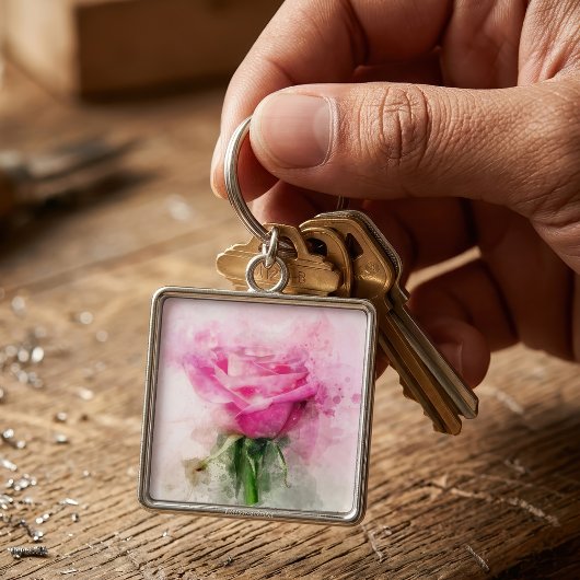 Roze Roos Watercolor Kunst op Witte Achtergrond Sleutelhanger