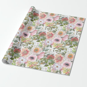 Roze Roos Waterverf Bloemige Groen Cadeaupapier
