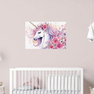 Roze Roos Waterverf Eenhoorn Bloemmotief Poster