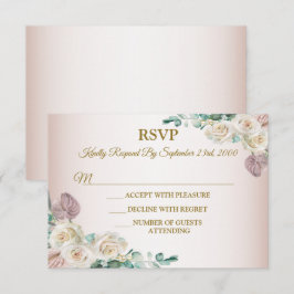 Roze Roos Waterverf Groene Begroeiing Gouden Stof  RSVP Kaartje