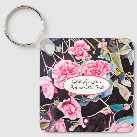 Roze Roos Waterverf Kool Oude Huwelijk Sleutelhanger (Voorkant)
