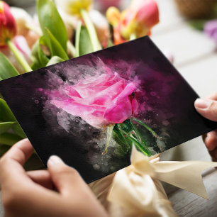 Roze Roos Waterverf op Zwarte Achtergrond Briefkaart