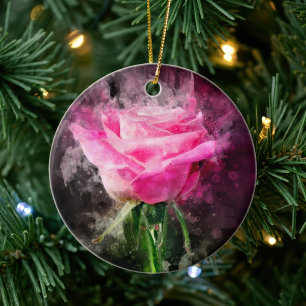 Roze Roos Waterverf op Zwarte Achtergrond Keramisch Ornament