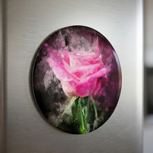Roze Roos Waterverf op Zwarte Achtergrond Magneet